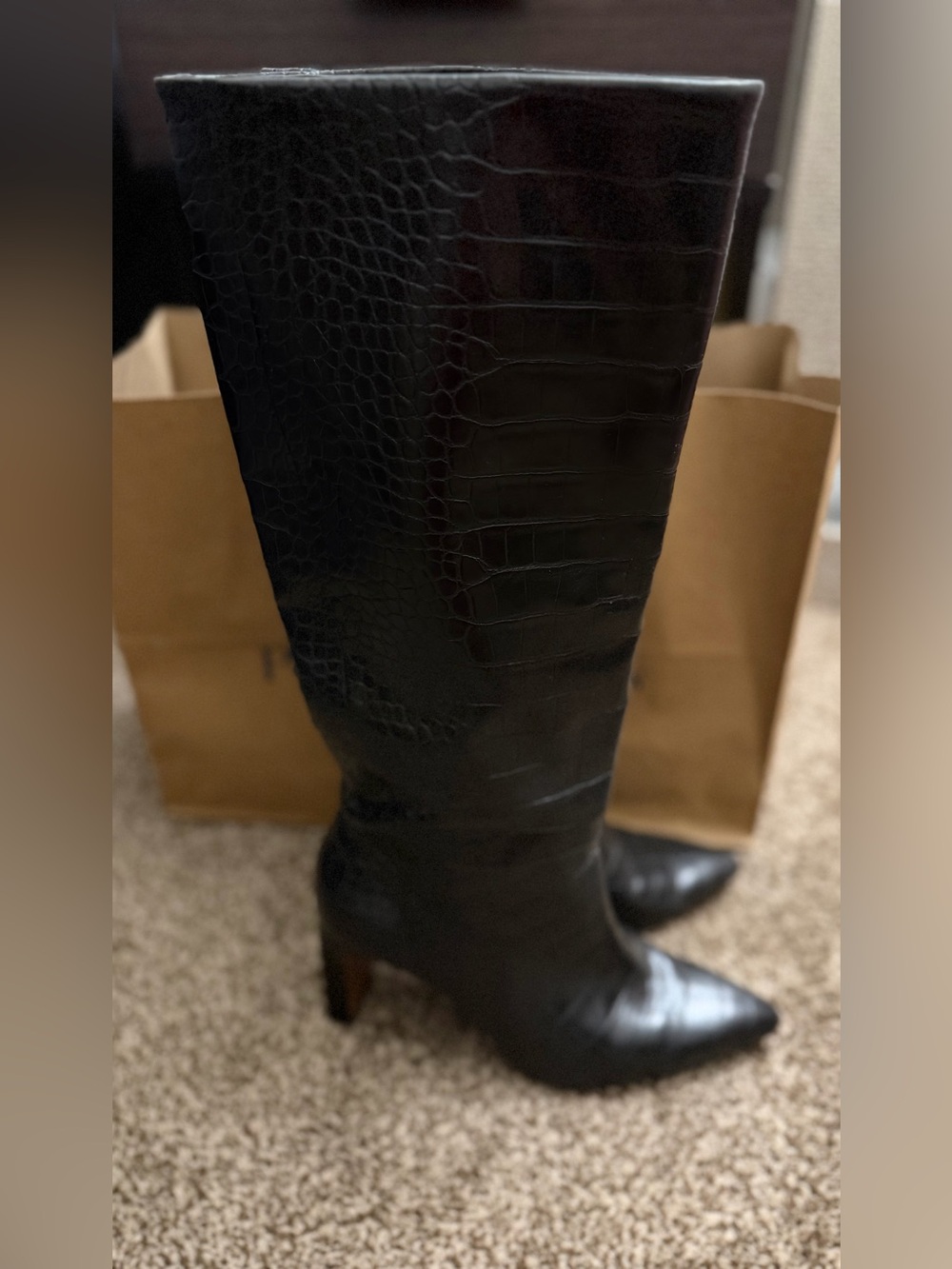 Mango Black Croc-Embossed Pointed Toe Knee Boots